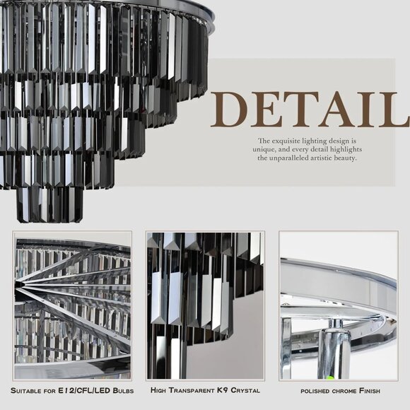 Luxe Chrome Smoke Crystal Modern Contemporary Chandelier Pendant Ceiling Light - Picture 9 of 11